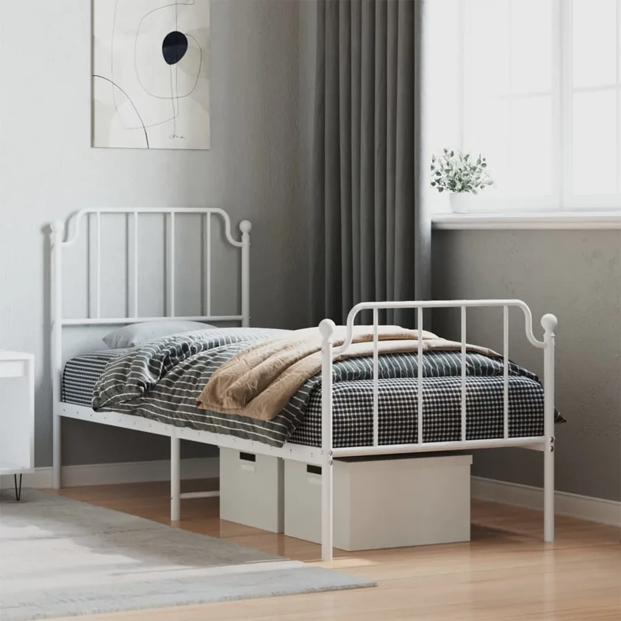 Cadre de lit métal sans matelas avec pied de lit blanc 75x190cm