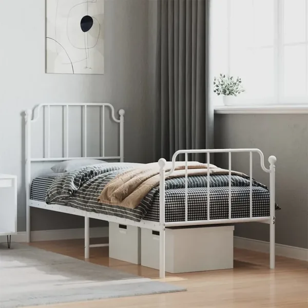 Cadre de lit métal sans matelas avec pied de lit blanc 75x190cm