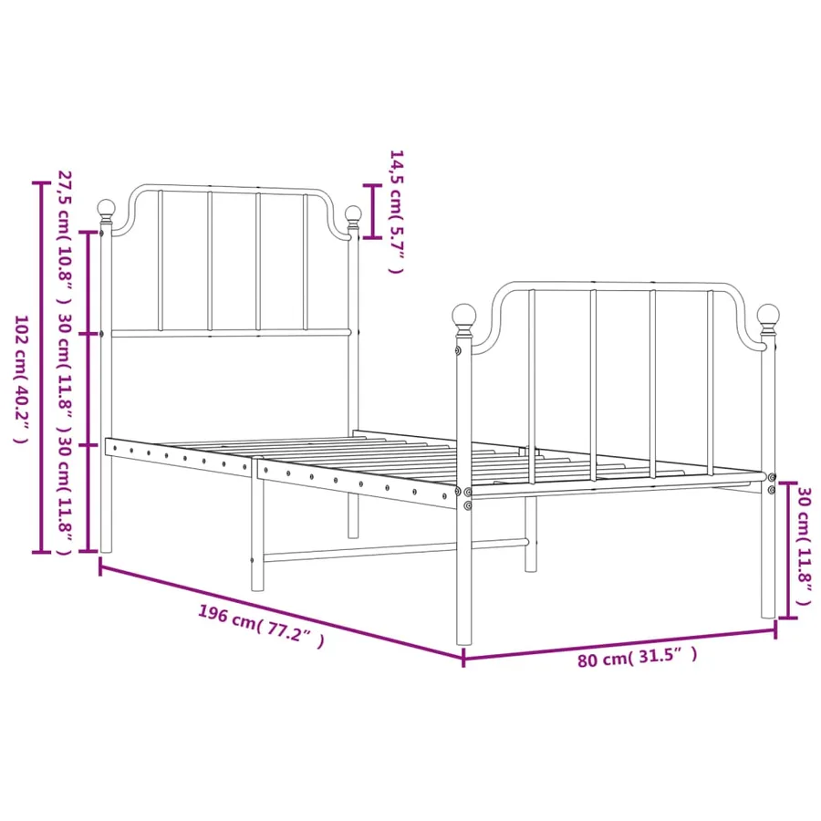 Cadre de lit métal sans matelas avec pied de lit blanc 75x190cm - 9