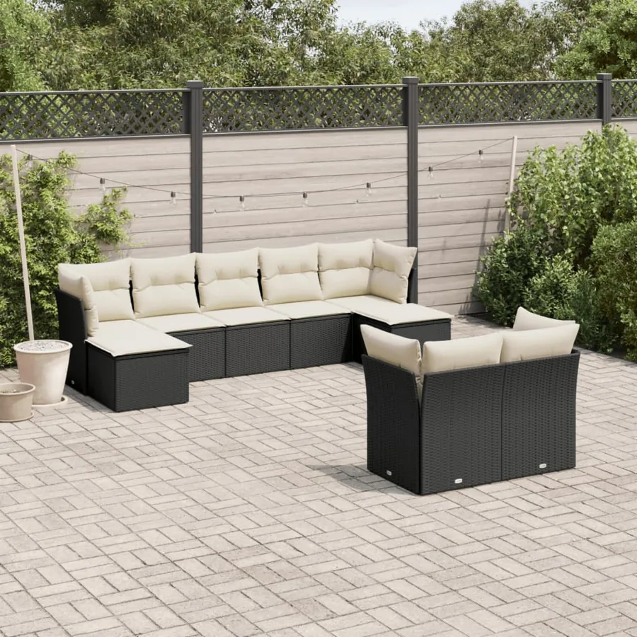 Salon de jardin 9 pcs avec coussins noir résine tressée