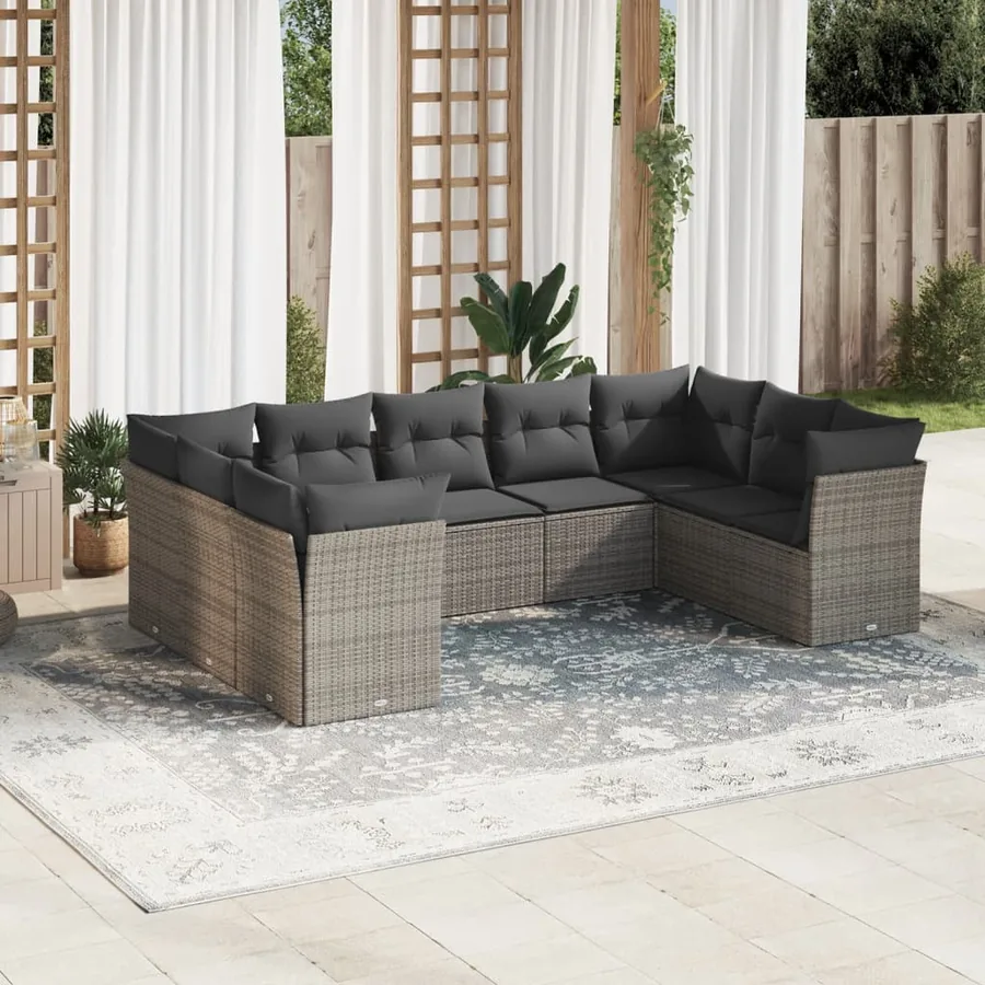Salon de jardin 9 pcs avec coussins gris résine tressée