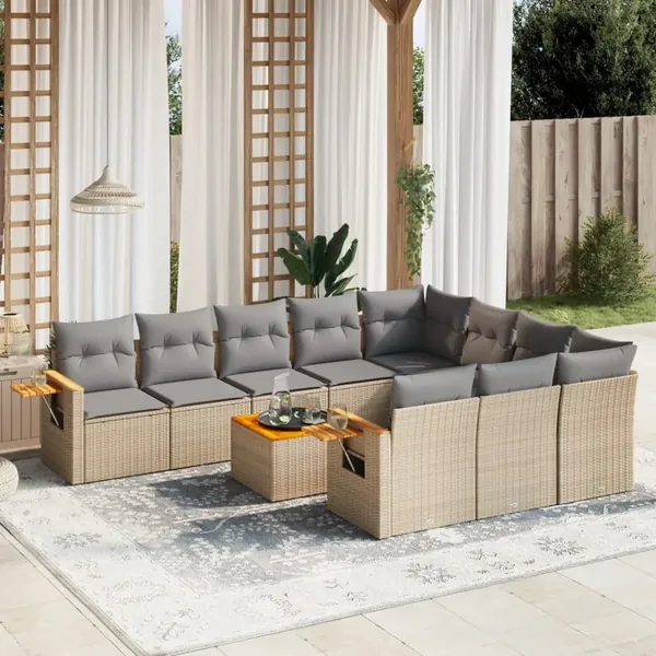Salon de jardin 11 pcs avec coussins beige résine tressée