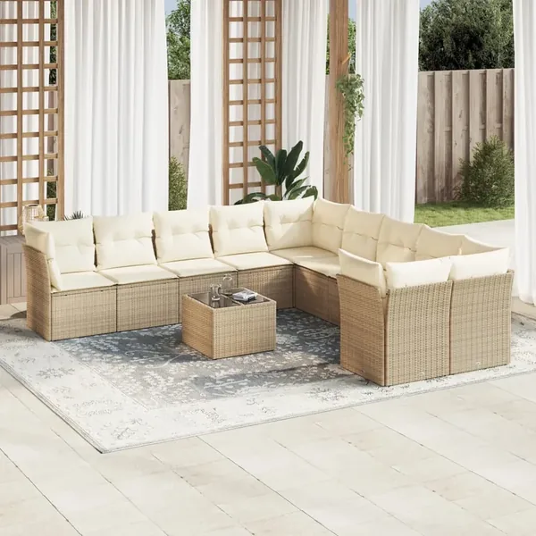 Salon de jardin 11 pcs avec coussins beige résine tressée