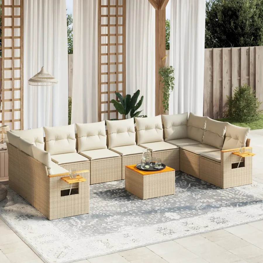 Salon de jardin 11 pcs avec coussins beige résine tressée