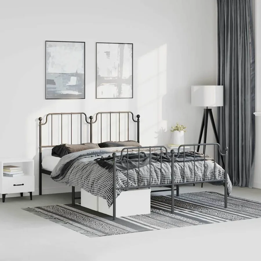 Cadre de lit métal sans matelas avec pied de lit noir 135x190cm