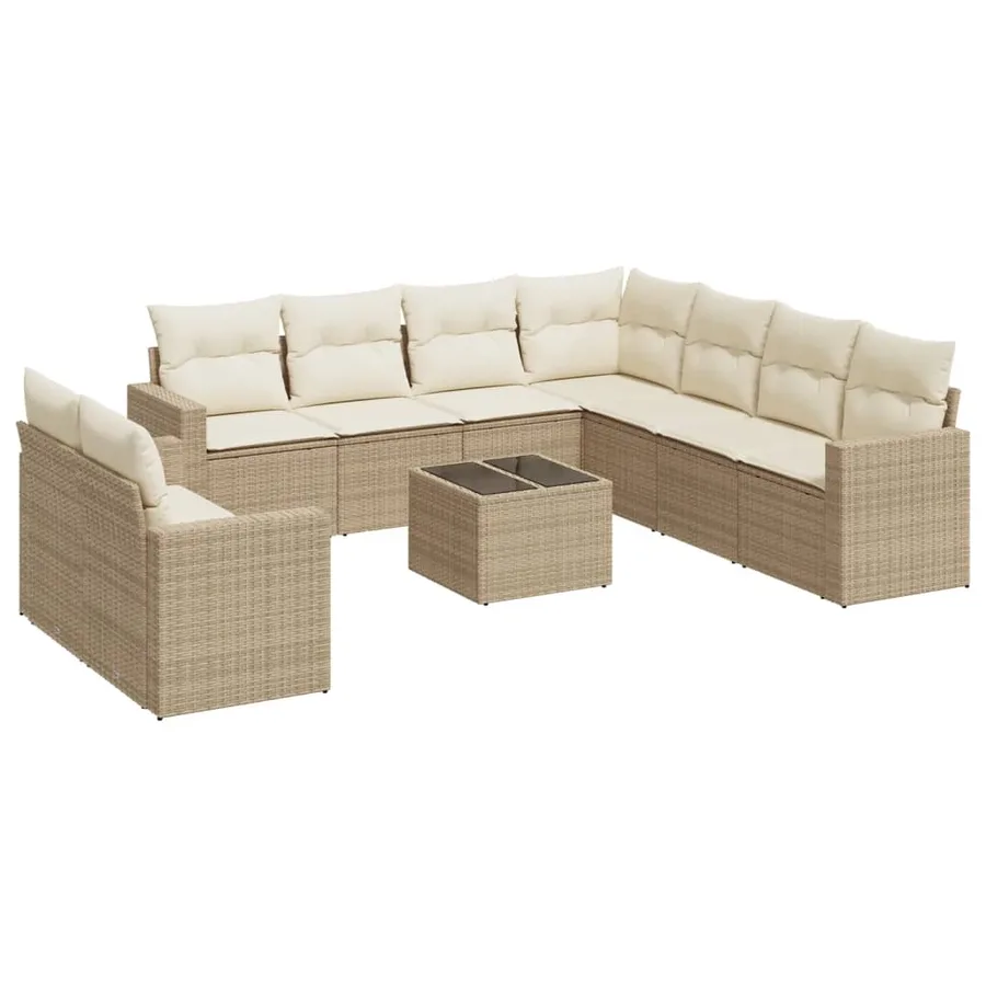 Salon de jardin avec coussins 10 pcs beige résine tressée - 2