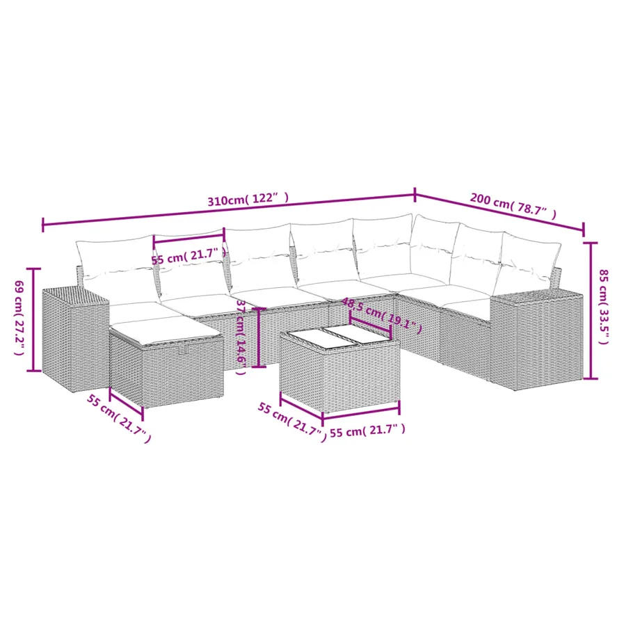 Salon de jardin avec coussins 9 pcs beige résine tressée - 4