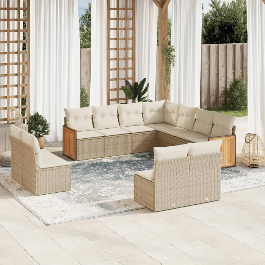 Salon de jardin 11 pcs avec coussins beige résine tressée