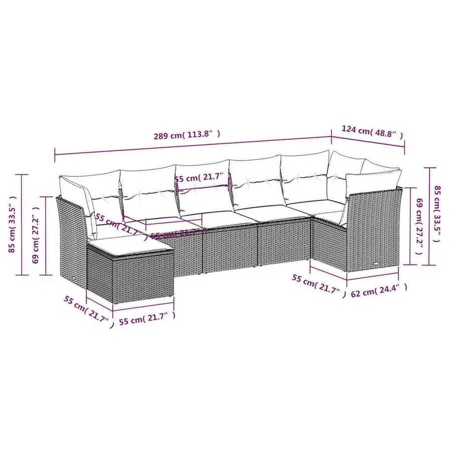 Salon de jardin 7 pcs avec coussins noir résine tressée 55 x 62 x 69 cm - 54,6 kg - 7
