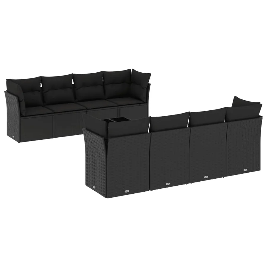 Salon de jardin 9 pcs avec coussins noir résine tressée - 2