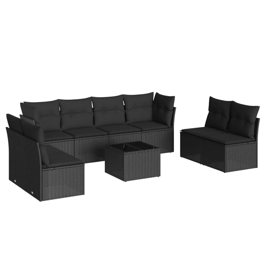 Salon de jardin 9 pcs avec coussins noir résine tressée - 2