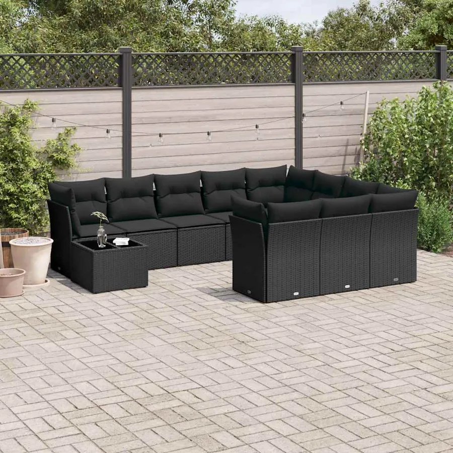 Salon de jardin 11 pcs avec coussins noir résine tressée