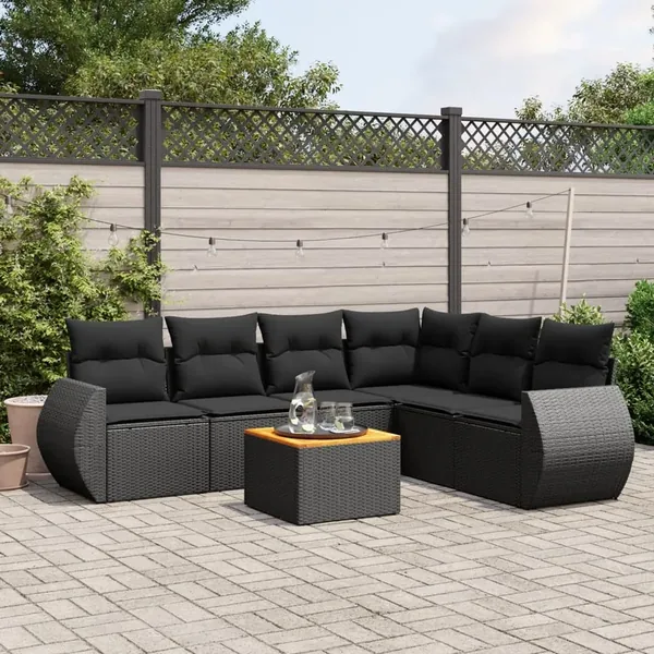 Salon de jardin 7 pcs avec coussins noir résine tressée 62 x 62 x 69 cm - 55,3 kg