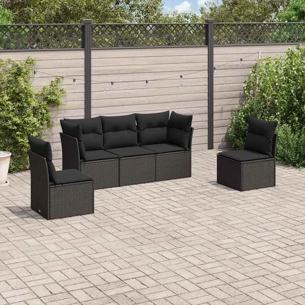 Salon de jardin 5 pcs avec coussins noir résine tressée