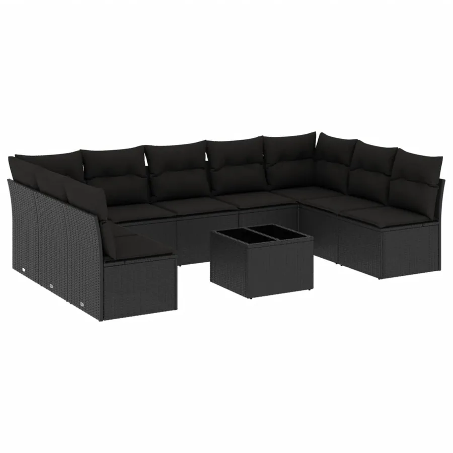 Salon de jardin 10 pcs avec coussins noir résine tressée - 2