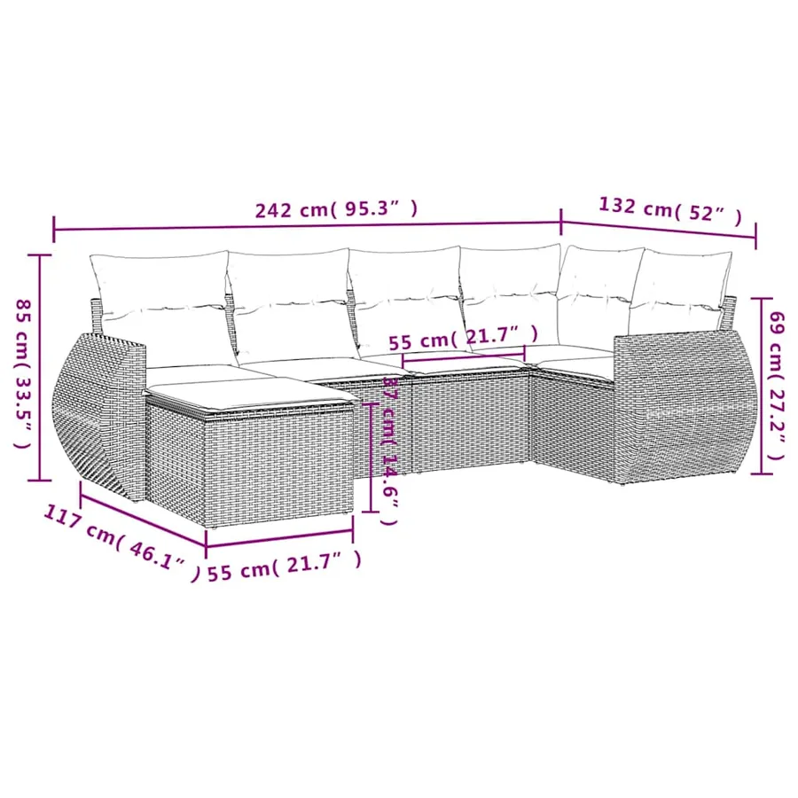 Salon de jardin 6 pcs avec coussins noir résine tressée - 8