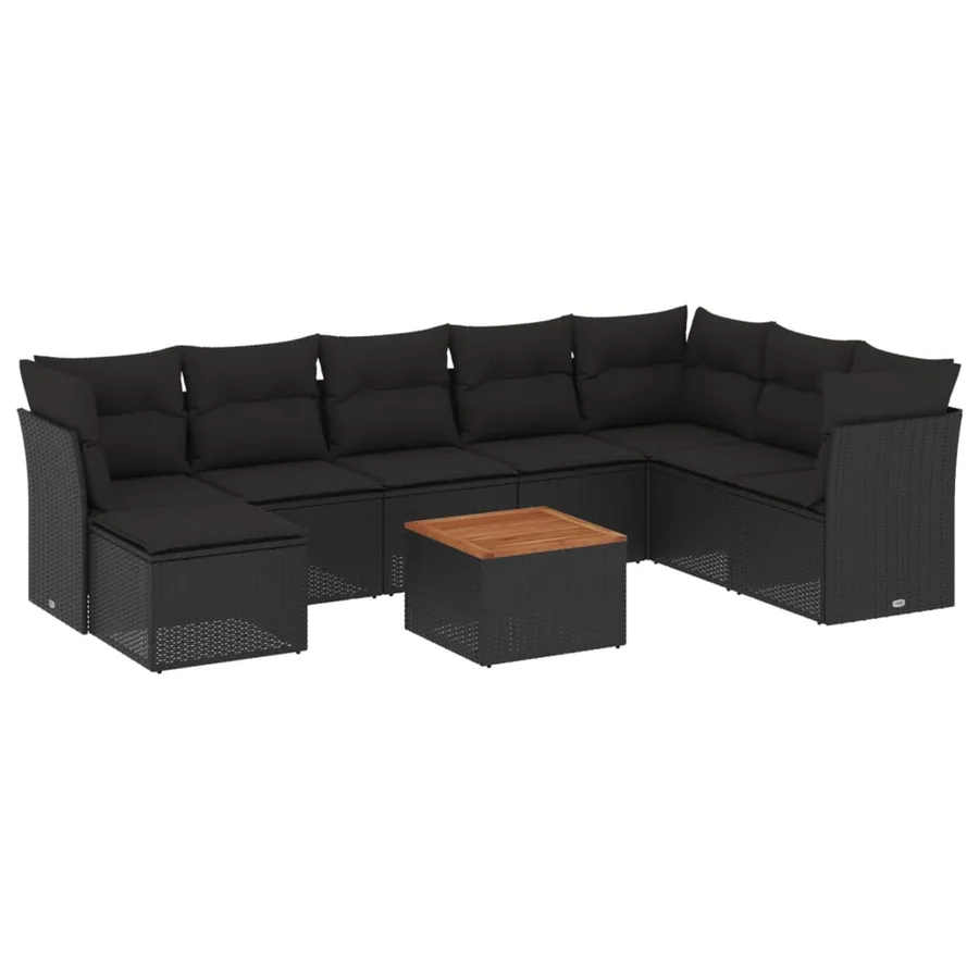 Salon de jardin 9 pcs avec coussins noir résine tressée - 2
