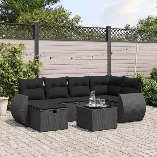 Salon de jardin 7 pcs avec coussins noir résine tressée 62 x 62 x 69 cm - 57,6 kg