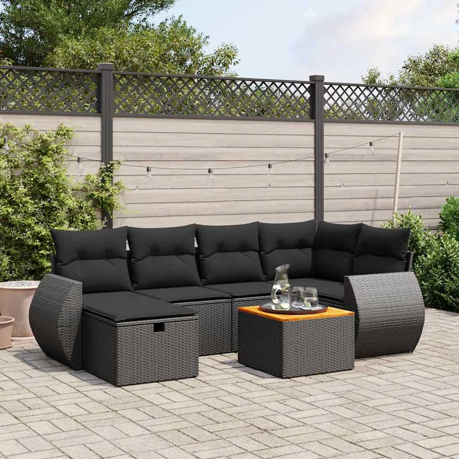 Salon de jardin 7 pcs avec coussins noir résine tressée 62 x 62 x 69 cm - 56,8 kg