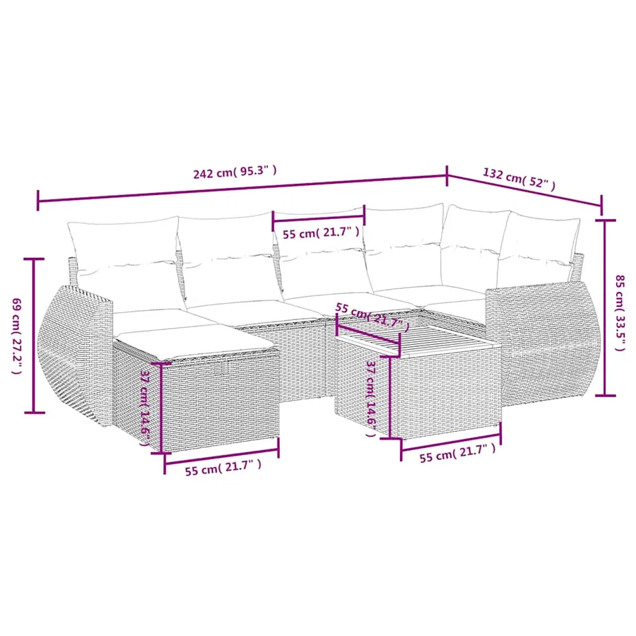 Salon de jardin 7 pcs avec coussins noir résine tressée 62 x 62 x 69 cm - 56,8 kg - 4