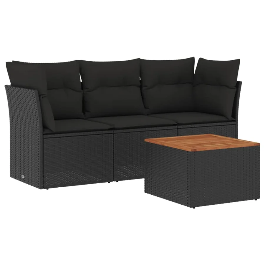 Salon de jardin 4 pcs avec coussins noir résine tressée - 2