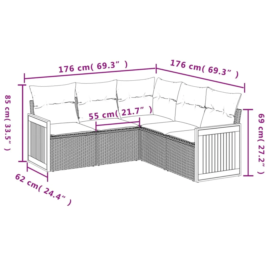 Salon de jardin 5 pcs avec coussins gris résine tressée - 7