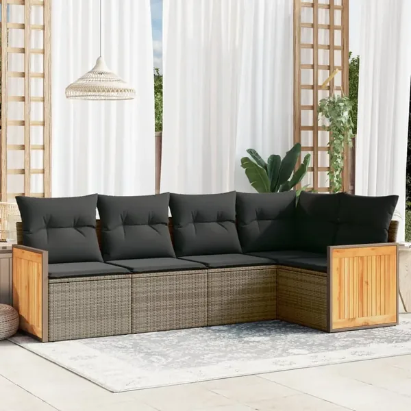 Salon de jardin 5 pcs avec coussins gris résine tressée