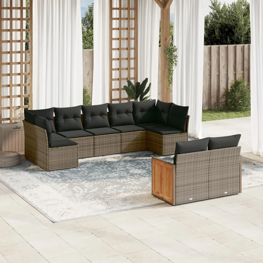 Salon de jardin 9 pcs avec coussins gris résine tressée