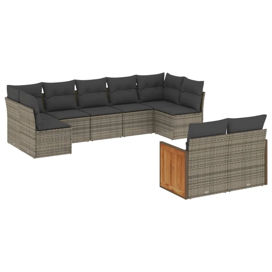 Salon de jardin 9 pcs avec coussins gris résine tressée - 2