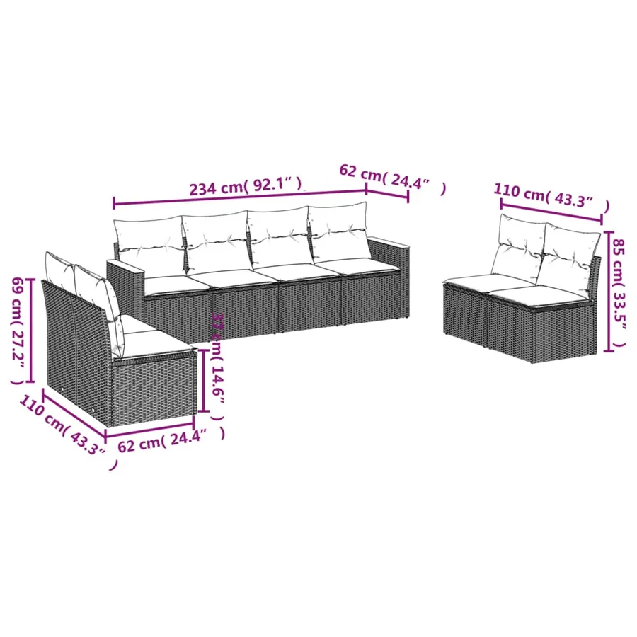 Salon de jardin 8 pcs avec coussins gris résine tressée - 6