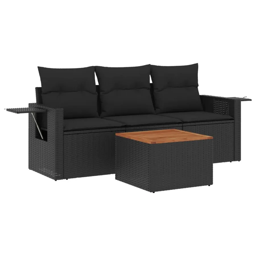 Salon de jardin 4 pcs avec coussins noir résine tressée - 2