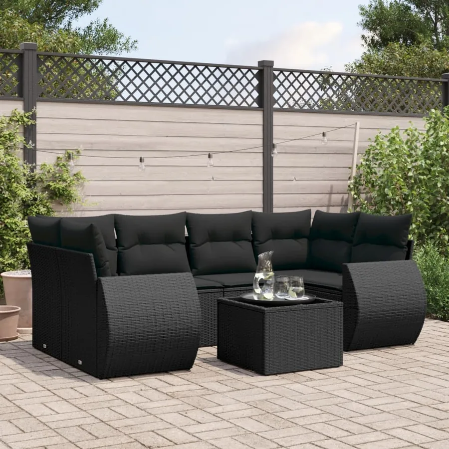 Salon de jardin 7 pcs avec coussins noir résine tressée 71 x 62 x 69 cm - 63,4 kg