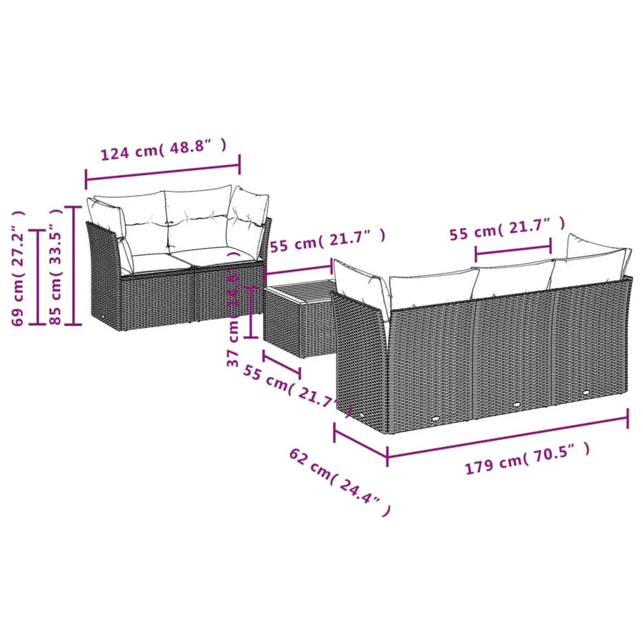 Salon de jardin 6 pcs avec coussins noir résine tressée - 10