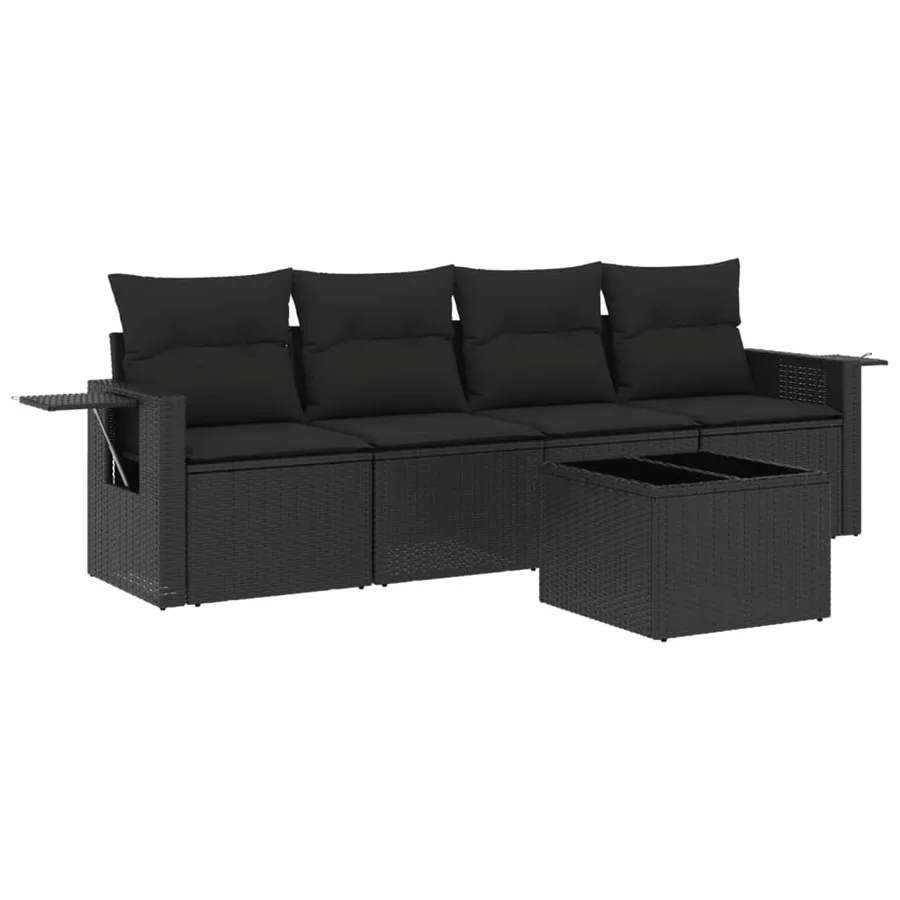 Salon de jardin 5 pcs avec coussins noir résine tressée - 2
