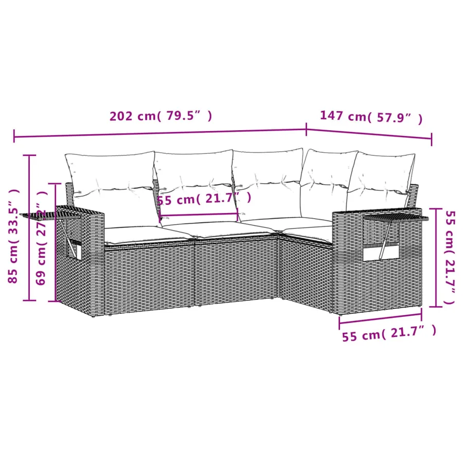 Salon de jardin 4 pcs avec coussins gris résine tressée - 8