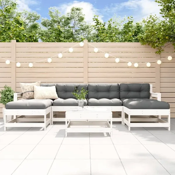 Salon de jardin 7 pcs Blanc Bois de pin massif