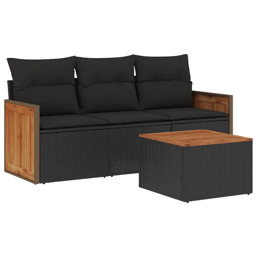 Salon de jardin 4 pcs avec coussins noir résine tressée - 2