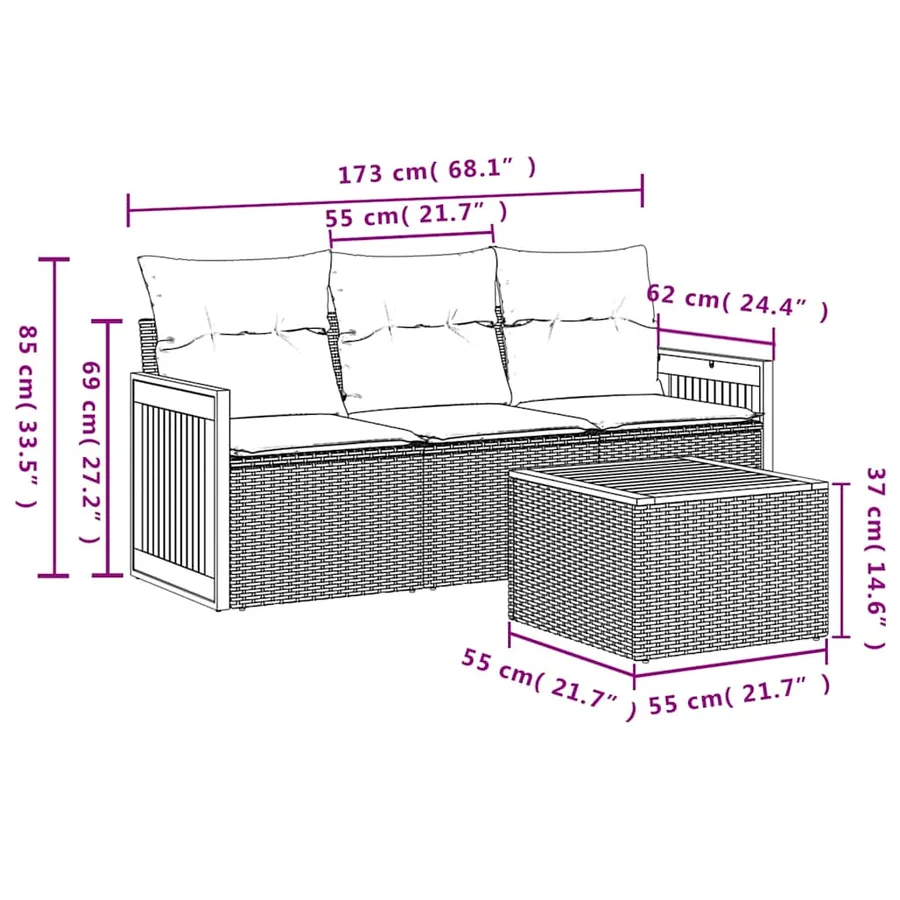 Salon de jardin 4 pcs avec coussins noir résine tressée - 7