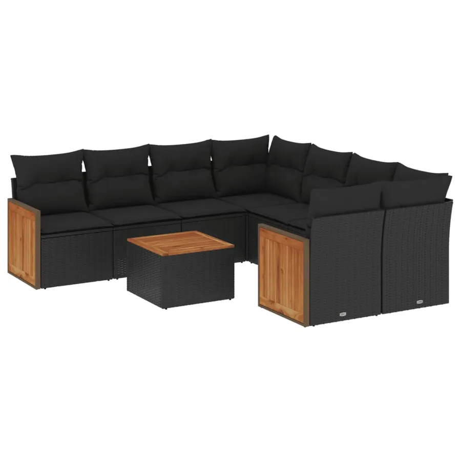 Salon de jardin 9 pcs avec coussins noir résine tressée - 2