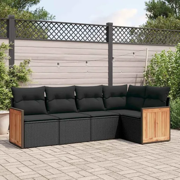 Salon de jardin 5 pcs avec coussins noir résine tressée