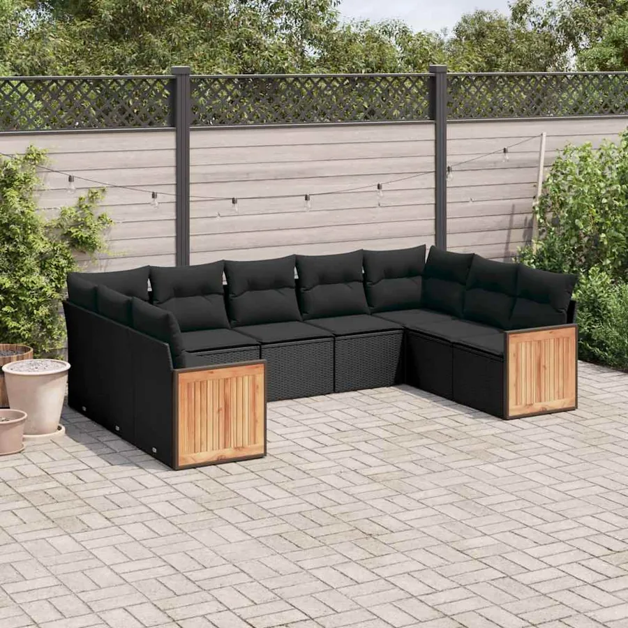 Salon de jardin 9 pcs avec coussins noir résine tressée