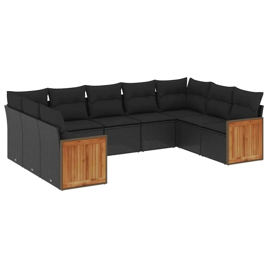 Salon de jardin 9 pcs avec coussins noir résine tressée - 2