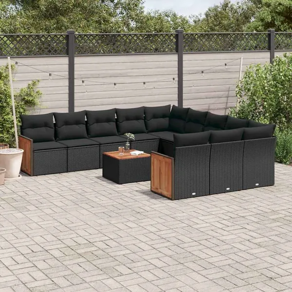 Salon de jardin 12 pcs avec coussins noir résine tressée