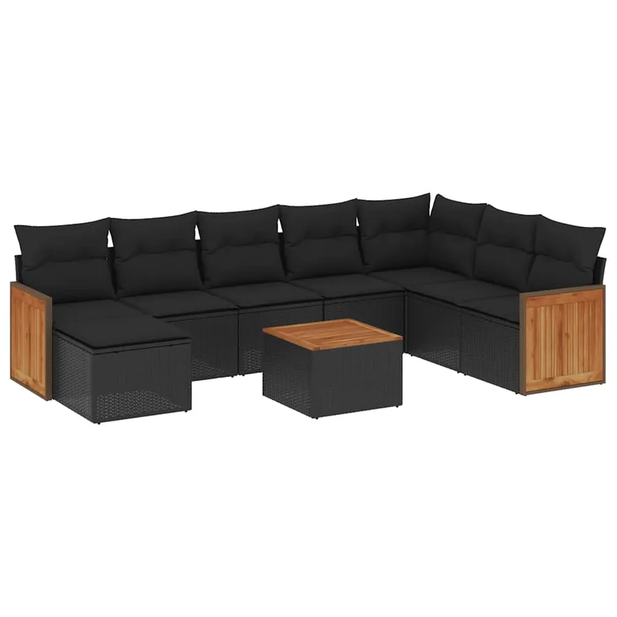 Salon de jardin 9 pcs avec coussins noir résine tressée - 2