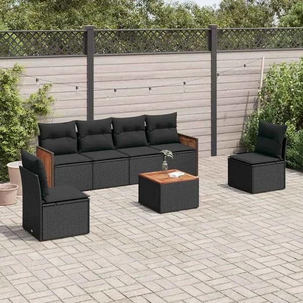 Salon de jardin 7 pcs avec coussins noir résine tressée 55 x 62 x 69 cm - 55,4 kg