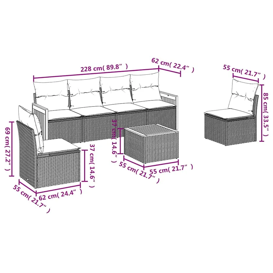 Salon de jardin 7 pcs avec coussins noir résine tressée 55 x 62 x 69 cm - 55,4 kg - 7