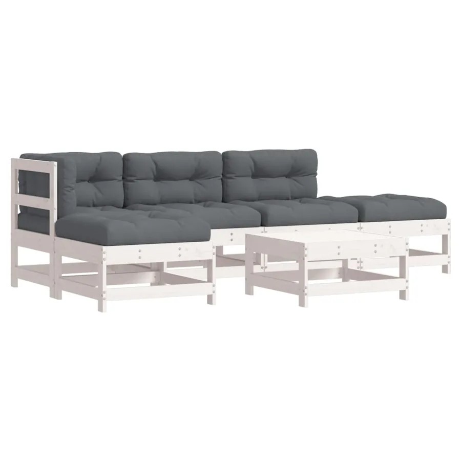 Salon de jardin 6 pcs avec coussins blanc bois massif - 2