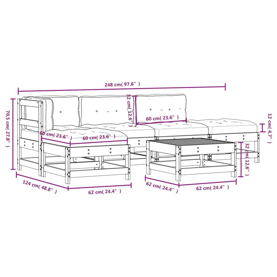 Salon de jardin 6 pcs avec coussins blanc bois massif - 9