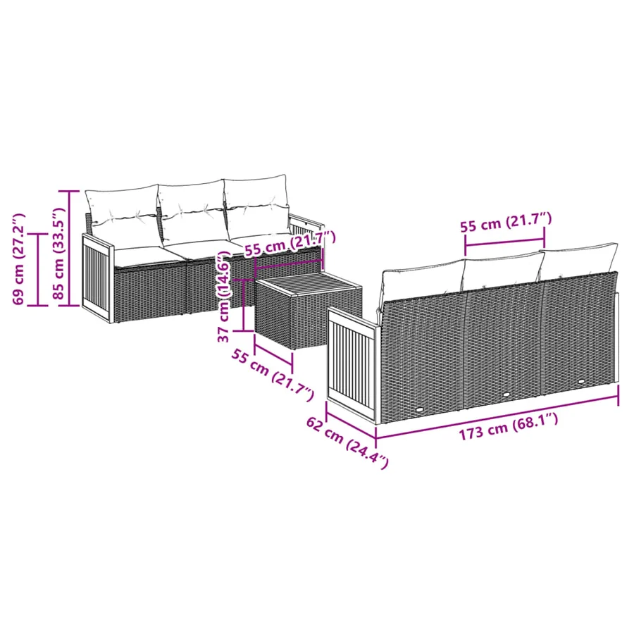 Salon de jardin 7 pcs avec coussins noir résine tressée 55 x 62 x 69 cm - 62,6 kg - 7