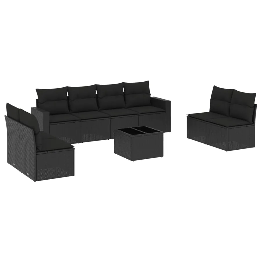 Salon de jardin 9 pcs avec coussins noir résine tressée - 2